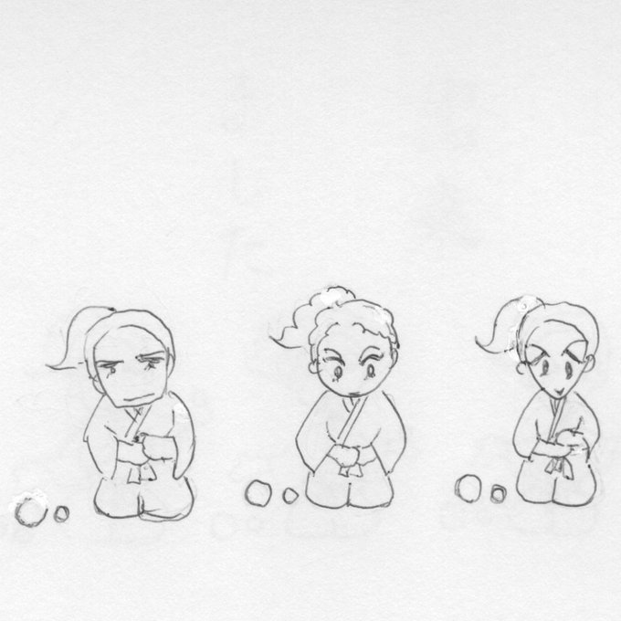Three chibi-style characters in judo uniforms sit on the floor, the left one with a stern expression and crossed arms, the middle one with teary eyes and clasped hands, the right one with wide eyes and hands together, each accompanied by a small ball nearby, all in simple line art.