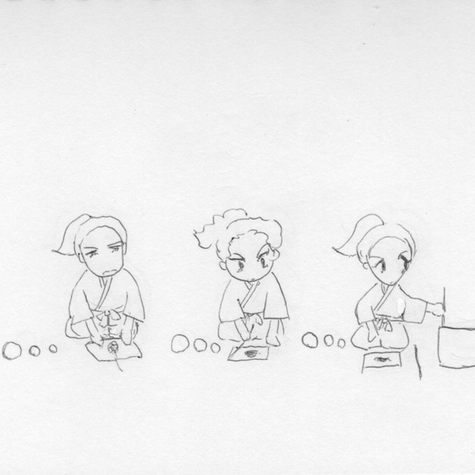 Three sequential panels of chibi-style figures in traditional Japanese attire with headscarves sitting on the floor one holds a round object another balances a tray on knees and the third reaches toward a box all with simple line art and expressive faces