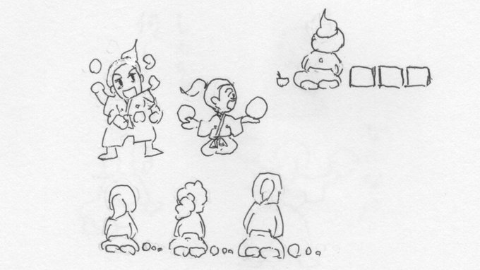 Six separate black line drawings on white background. First shows a standing figure with conical hat juggling three balls looking surprised. Second depicts a girl in ponytail swinging a paddle at a ball. Third illustrates a small seated figure with a dish in front. Fourth and fifth are small seated figures with curly hair. Sixth features a larger seated figure with hair and three dots nearby. All in simple cartoon style.